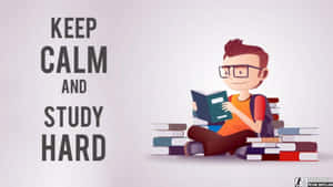 戴眼鏡的學生被書本包圍閱讀，帶有 'Keep Calm and Study Hard' 文字。 — 美少年動態圖 壁紙