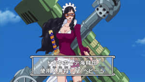 戴眼鏡、穿紫色連衣裙的動漫女孩站在巨型大炮旁邊。 — 小寶貝 壁紙