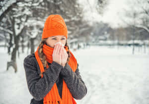 穿著橙色冬季裝備的女性在雪地公園中打噴嚏。 — 寒冷 壁紙