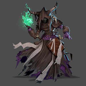 一位身穿暗色長袍、頭上有角的巫師從魔法書中召喚出一個發光的綠色球體。 — 魔法動圖 壁紙