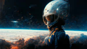 太空人從太空觀看地球，帶有發光的大氣層和星空背景。 — 宇宙美學 壁紙