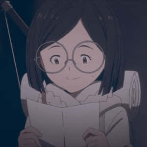 戴眼鏡的動漫女孩在昏暗藍光下看書 — 約定的夢幻島 壁紙