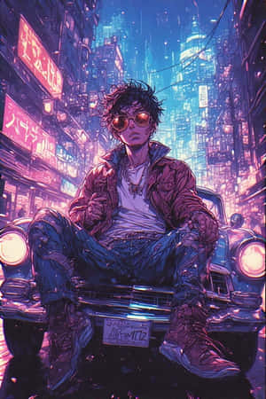 戴太陽眼鏡的年輕男子坐在經典汽車上，霓虹小巷 — 動漫汽車 壁紙