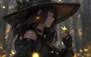 動漫女巫在黃昏時分的魔法森林中捧著發光的蝴蝶。 — 數位藝術 壁紙