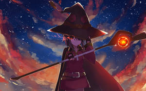 動漫女巫在星空下手持發光法杖，有紅色雲彩 — 惠惠 壁紙