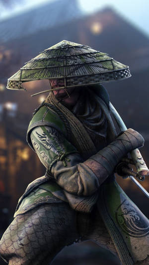 戴草帽的武士在昏暗小巷中持刀於黃昏 — 電玩遊戲 GIF 壁紙