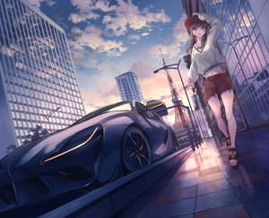 戴帽子的動漫女孩在城市中站在跑車旁，夕陽下 — 動漫汽車 壁紙