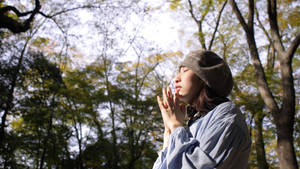 戴毛帽的年輕女性在秋樹下冥想，陽光穿過樹葉灑落。 — 森林 壁紙