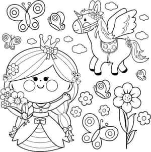 一位微笑的公主手持花朵，站在有翼獨角獸旁邊，伴隨著蝴蝶和雲朵。 — 獨角獸 壁紙