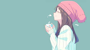 戴粉紅色毛帽的動漫女孩，滿足地微笑著喝熱茶。 — 可愛動漫女孩 壁紙
