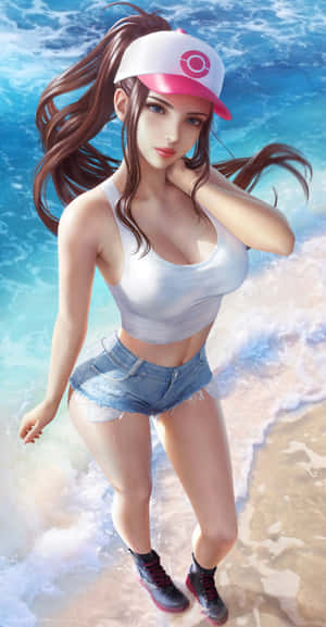 戴著精靈球帽和牛仔短褲的動漫女孩站在海邊。 — Pixel Fold 壁紙