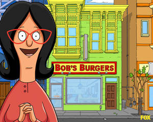戴紅色眼鏡的卡通女性在Bob's Burgers前微笑。 — 桌面 壁紙