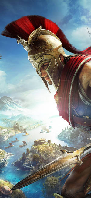 斯巴達戰士在黎明時俯瞰海岸戰場。 — 電玩遊戲 GIF 壁紙