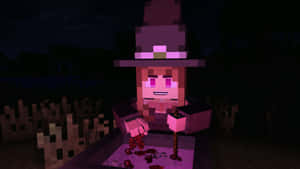 一位像素女巫在Minecraft風格的場景中夜間調製發光藥水。 — 女巫 壁紙