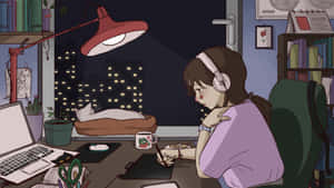 戴耳機的女孩在夜晚書桌上畫畫，附近有貓在睡覺。 — 讀書 壁紙