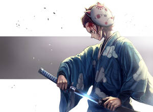 戴貓面具的動漫武士身穿藍色和服手持發光劍 — 炭治郎 竈門 壁紙
