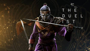 身穿紫色盔甲的武士，在金色發光背景中持劍。 — 電玩遊戲 GIF 壁紙