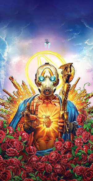 一位戴著面具的戰士被紅玫瑰包圍，在發光的光環下手持武器和手榴彈。 — 電玩遊戲 GIF 壁紙