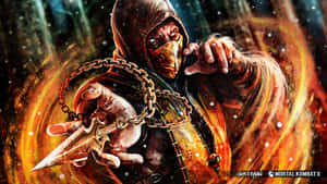 Mortal Kombat 角色戴著面具和鎖鏈武器，出現在熾熱的戰鬥場景中。 — 真人快打11 壁紙