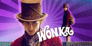 一位戴著高帽、身穿紅色外套的年輕男子，以及顯眼的「Wonka」字樣。 — 坎迪曼 壁紙