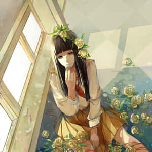 戴著玫瑰花冠的動漫女孩坐在窗邊，周圍漂浮著玫瑰。 — 阿基拉 壁紙