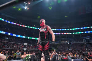 身穿紅黑戰衣的摔角手站在擂台上，觀眾歡呼。 — WWE GIF 壁紙
