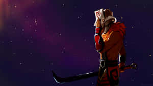 戴面具的戰士在繁星點點的紫色天空下持劍 — 電玩遊戲 GIF 壁紙