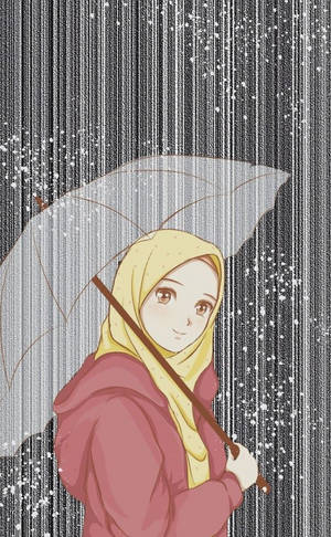 戴黃色頭巾的年輕女子在雨中場景撐著白色雨傘，帶有閃爍效果。 — 動畫女孩 壁紙
