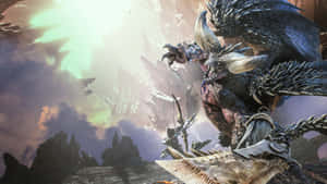 獵人在山區幻想景觀中與巨龍戰鬥。 — 魔物獵人 壁紙