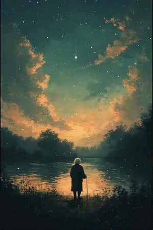 一位拿著拐杖的長者，在黃昏時分站在一條河邊，天空佈滿星星和橙色雲彩。 — iPhone 4 壁紙