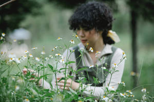 女士坐在白花田野中，周圍有綠色植物。 — 花園 壁紙
