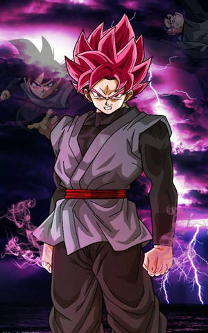 粉紅色頭髮、穿著黑色道服的動漫角色，在雷電風暴中站立。 — 悟空黑 iPhone 壁紙