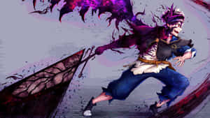 動漫角色以動態戰鬥姿勢揮舞大劍，帶有紫色能量。 — 惡魔男孩 動漫 壁紙