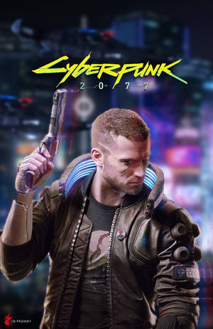 Cyberpunk 2077 主角在夜晚的霓虹城市中手持手槍。