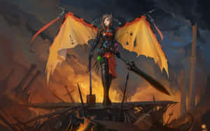 幻想女戰士擁有火焰翅膀，夜晚站在斷劍戰場上。 — 1280x800 壁紙