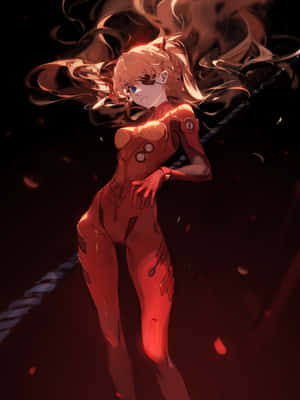 穿著紅色插頭服的動漫女孩，被火焰和發光粒子包圍。 — Kindle Paperwhite 壁紙