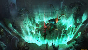 戰士在黑暗地牢中揮舞發光劍，被怪物包圍。 — Runescape 壁紙