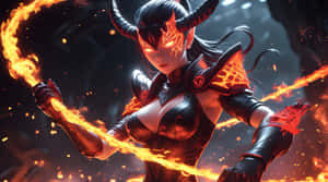 一位擁有發光眼睛和角的惡魔女戰士，在黑暗環境中引導熾熱的能量。 — 卡通 壁紙