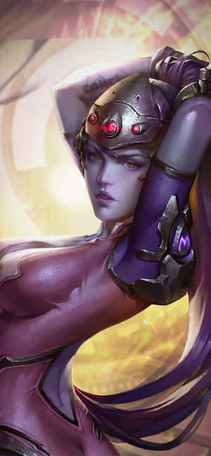 賽博龐克女戰士，身穿紫色盔甲，擁有發光紅眼。 — 電玩遊戲 GIF 壁紙