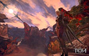 擁有紅色翅膀的奇幻戰士站在日落時的岩石峽谷中。 — 電玩遊戲 GIF 壁紙