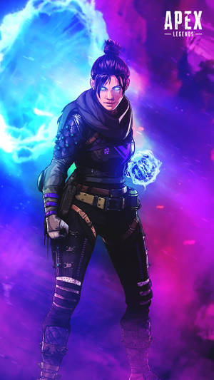 一位擁有發光眼睛和能量球的Apex Legends女性角色，以宇宙星雲為背景。