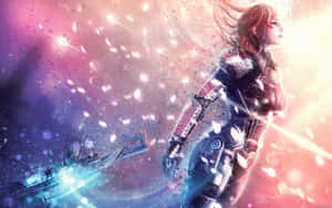 身穿發光盔甲的未來女性戰士置身於宇宙粒子風暴中。 — Steam Deck 壁紙