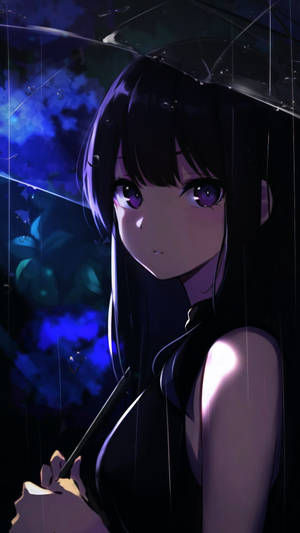 動漫女孩在雨夜中撐傘，背景為發光藍色。 — 可愛動漫女孩 壁紙
