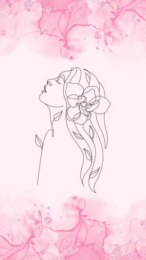 女性擁有花卉頭髮，極簡線條藝術，粉紅色水彩背景 — 女孩 壁紙