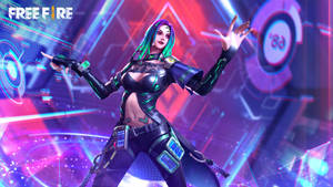 在發光數位背景前穿著螢光裝備的 cyberpunk 女玩家 — 免費火焰罪犯組合 壁紙