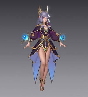 動漫精靈法師身穿紫色和金色服裝，與發光的藍色球體一起漂浮。 — 跳舞骷髏 壁紙