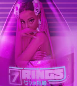 一位穿著粉紅色閃亮服飾的迷人女性，在霓虹燈下，帶有「7 RINGS」文字。 — 小米 Mix Fold 4 壁紙