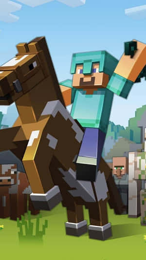 Minecraft角色在像素化的草地上騎馬。 — 我的世界苦力怕 壁紙