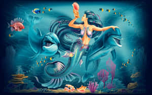 美人魚騎著海豚在珊瑚和熱帶魚之間，在發光的海洋場景中。 — 芭比美人魚 壁紙