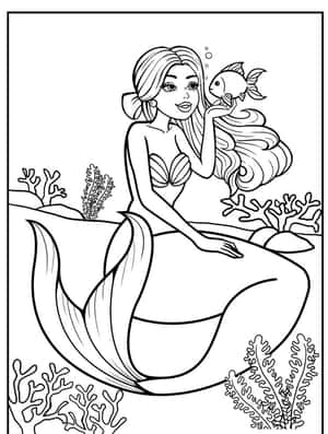 一位美人魚與魚朋友坐在珊瑚之間，這是一張黑白填色頁。 — 美人魚 壁紙